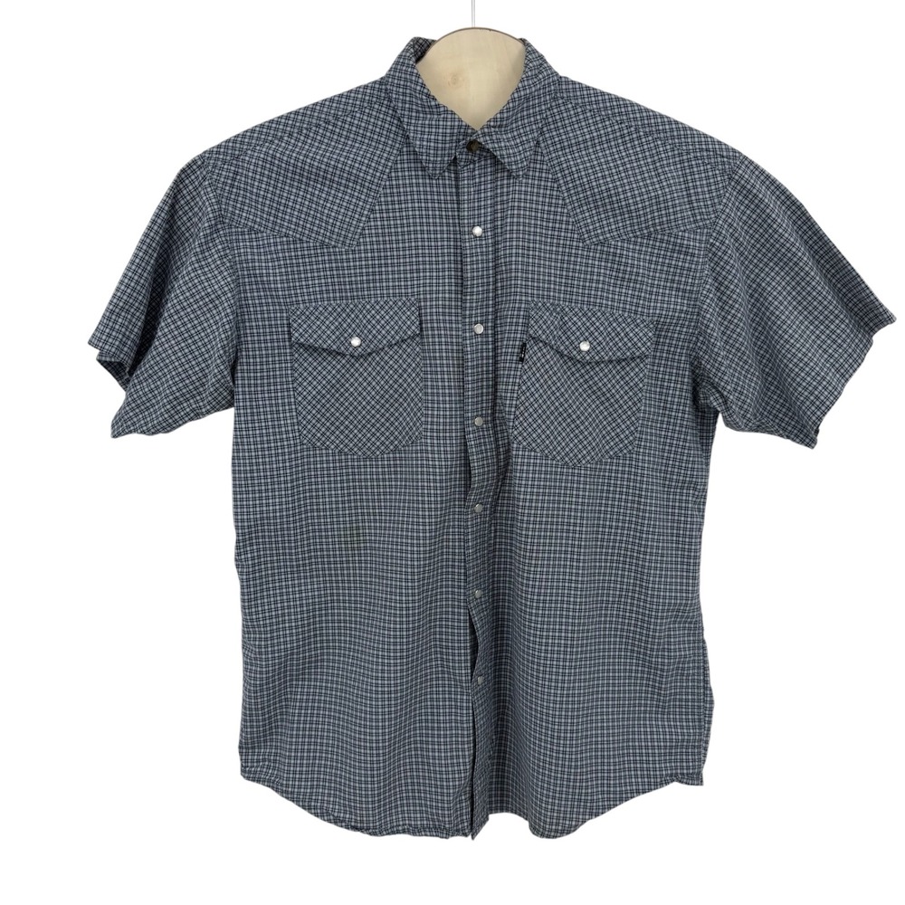 Lakin McKey Trading Co Mens Blue Plaid Short Sleeve Western Pearl Snap Shirt L